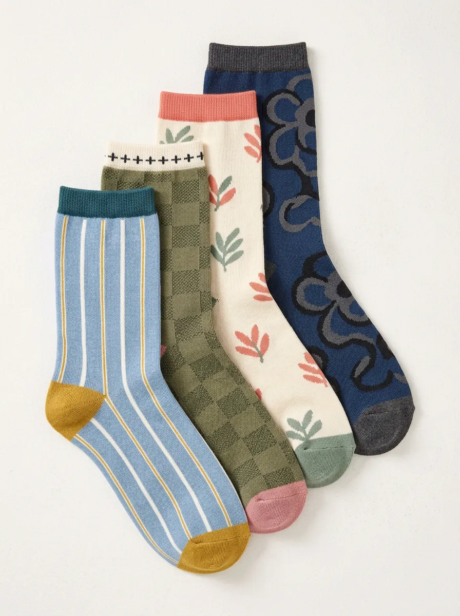 Relaxed Floral Striped Profile Women's Four Pair Socks