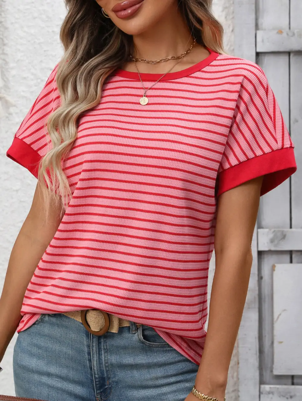 Crew Neck Patchwork Short Sleeve Tee