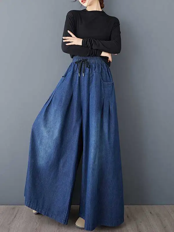 High Waist Relaxed Fit Wide Leg Pleated Drawstring Elastic Waist Pocket Jeans