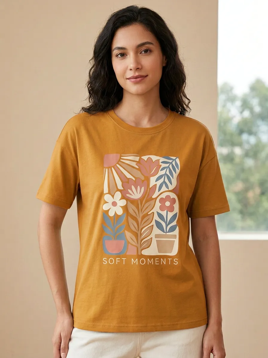 Women's Retro Floral Sun Soft Moments Print T-Shirt