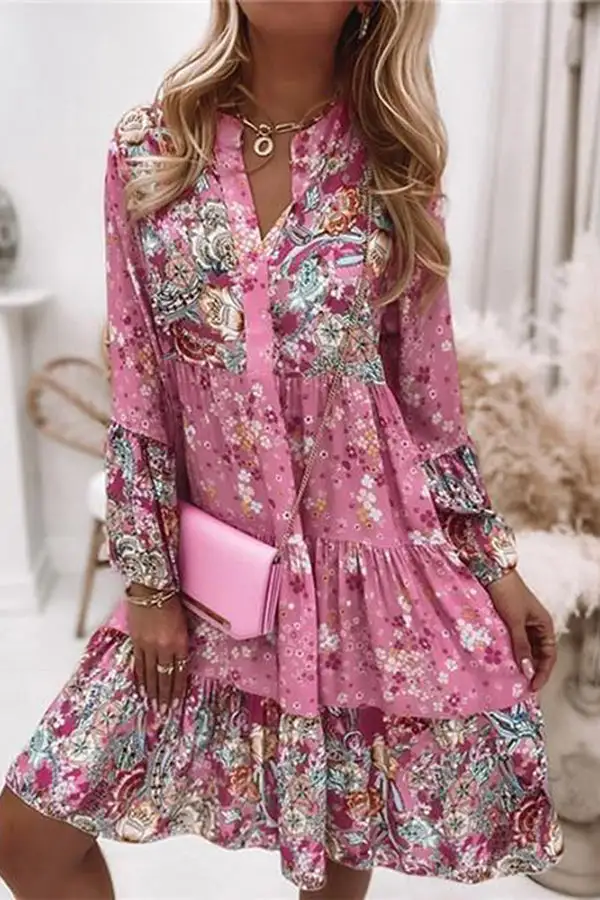Floral-print Long-sleeve V-neck Paneled Casual Dress