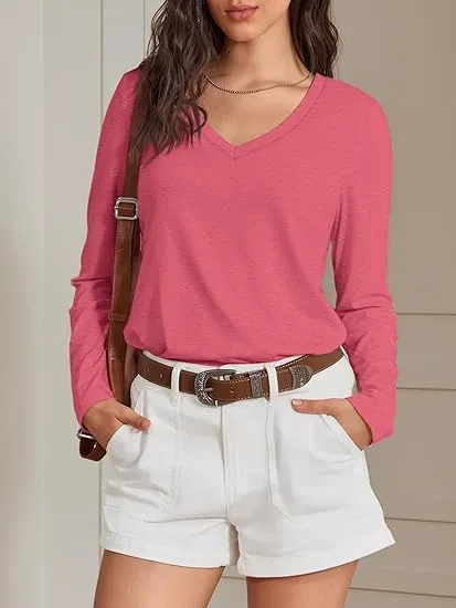 Women's V-Neck Long Sleeve Tee - Soft Curved Hem Top