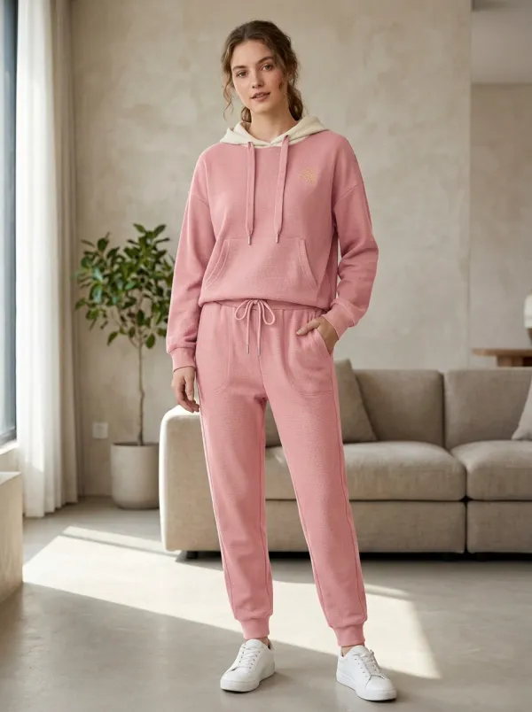 Women's Olive Waffle Knit Minimalist Graphic Printed Hoodie Jogger Set