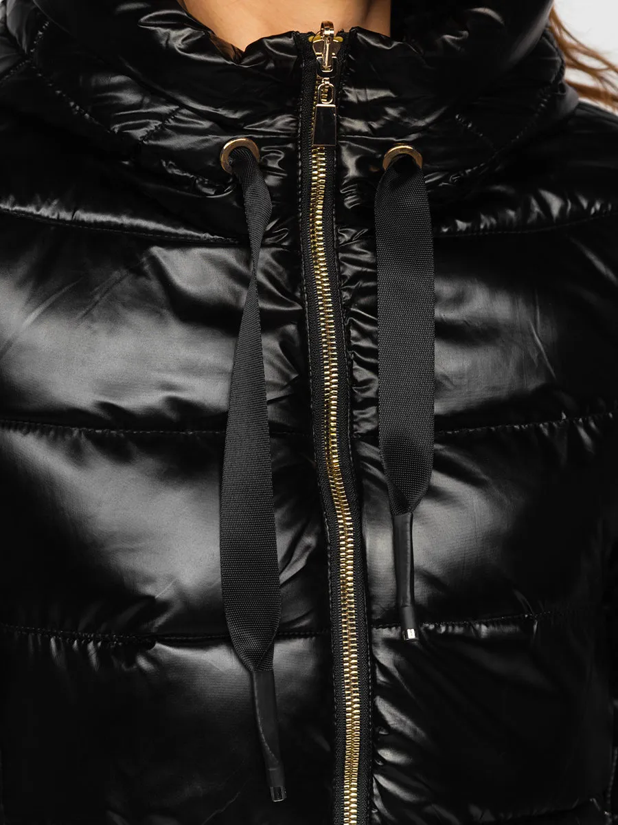 Women's Black Reversible Quilted Winter Jacket With Hood