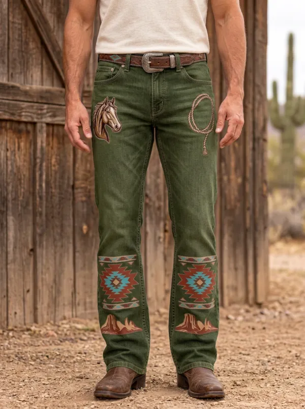 Men's Western Horse Lasso Aztec Printed Jeans