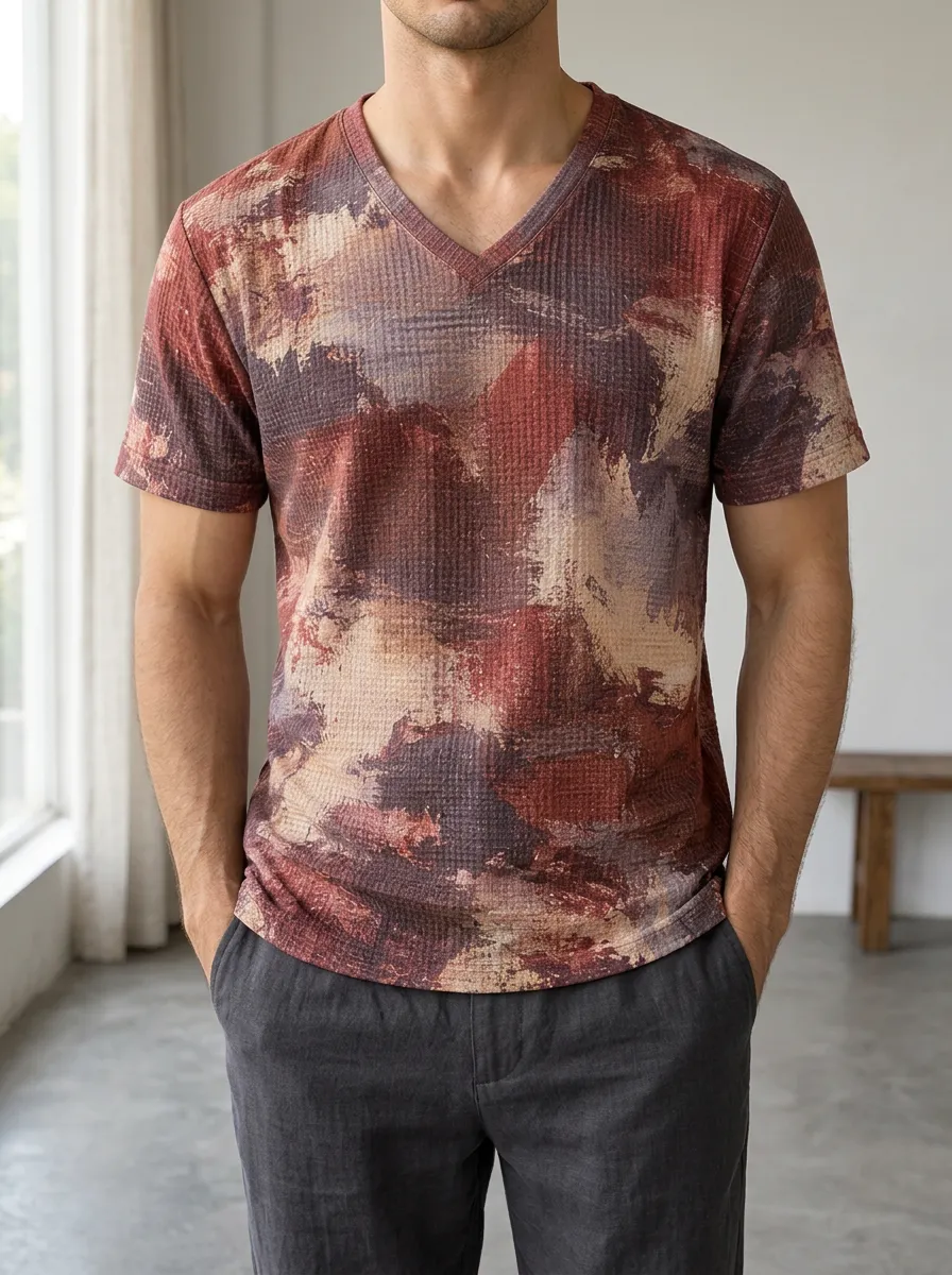 Men's Abstract Brushstroke Waffle Texture Printed V-Neck T-Shirt