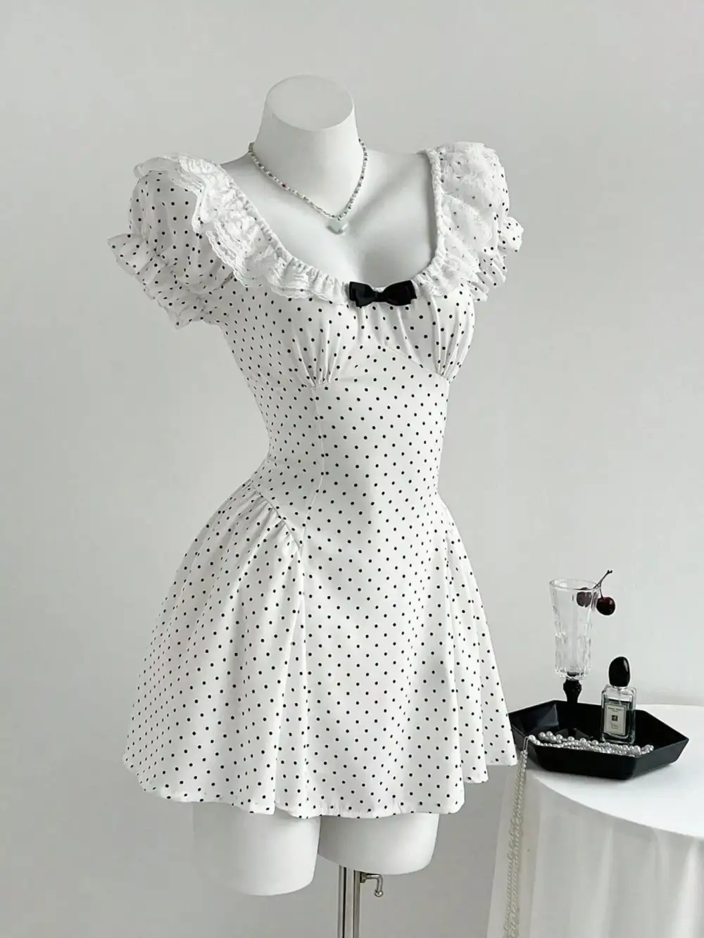 Lace Detail Polka Dot Mini Dress