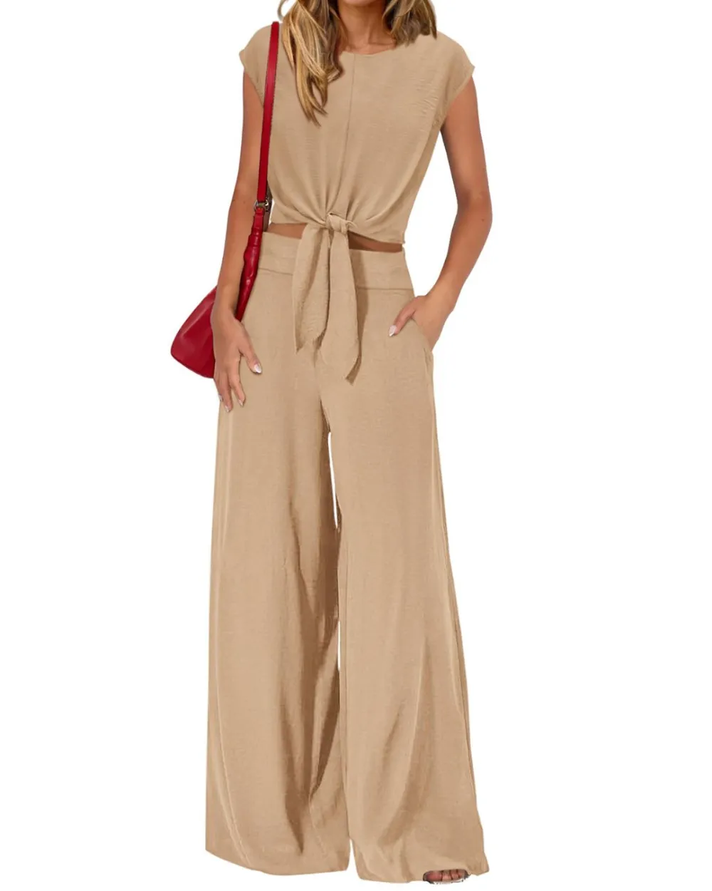 Belted V-Neck Crop Top and Wide-Leg Pants Two-Piece Set