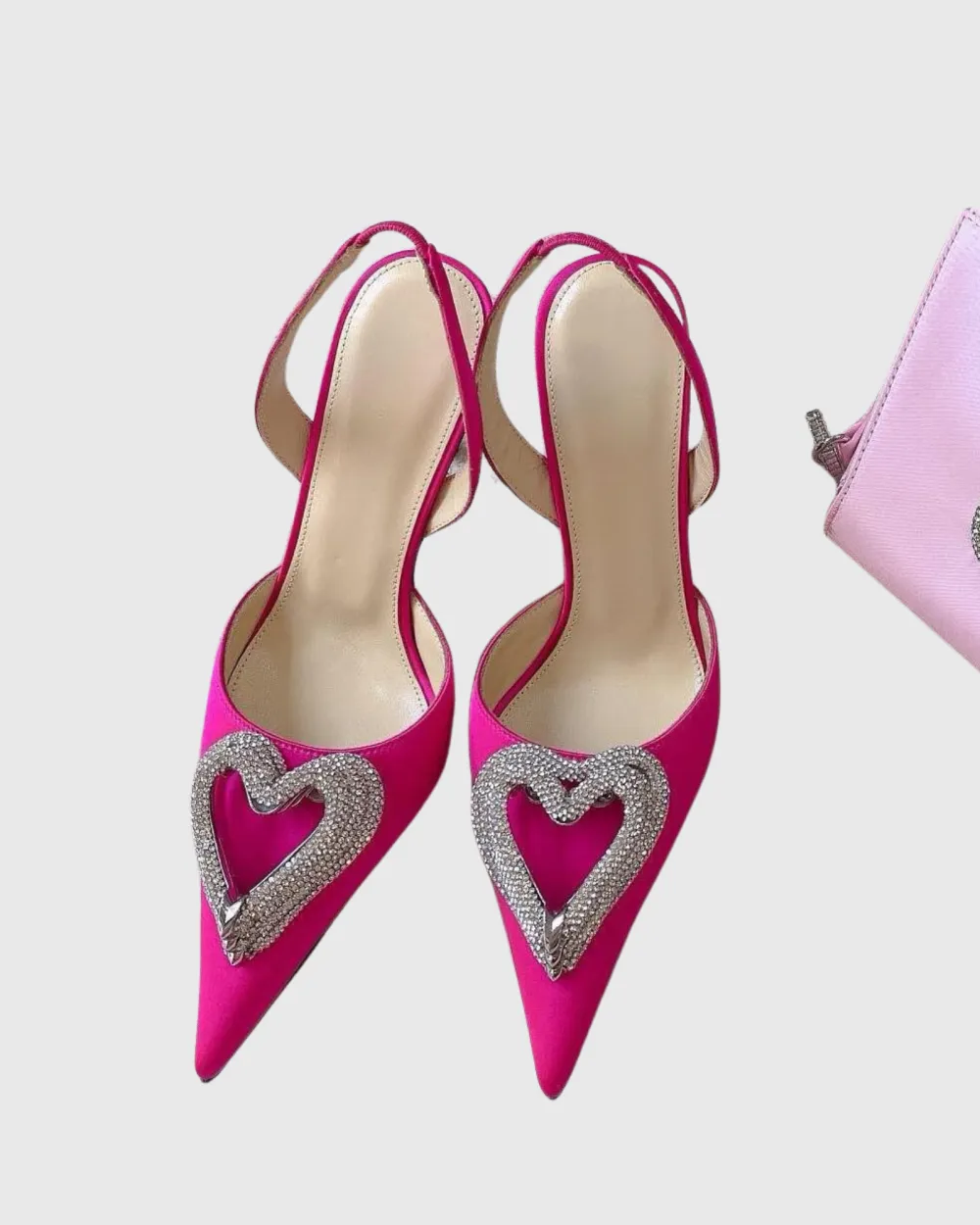 Crystal Heart Strap Pumps in Hot Pink