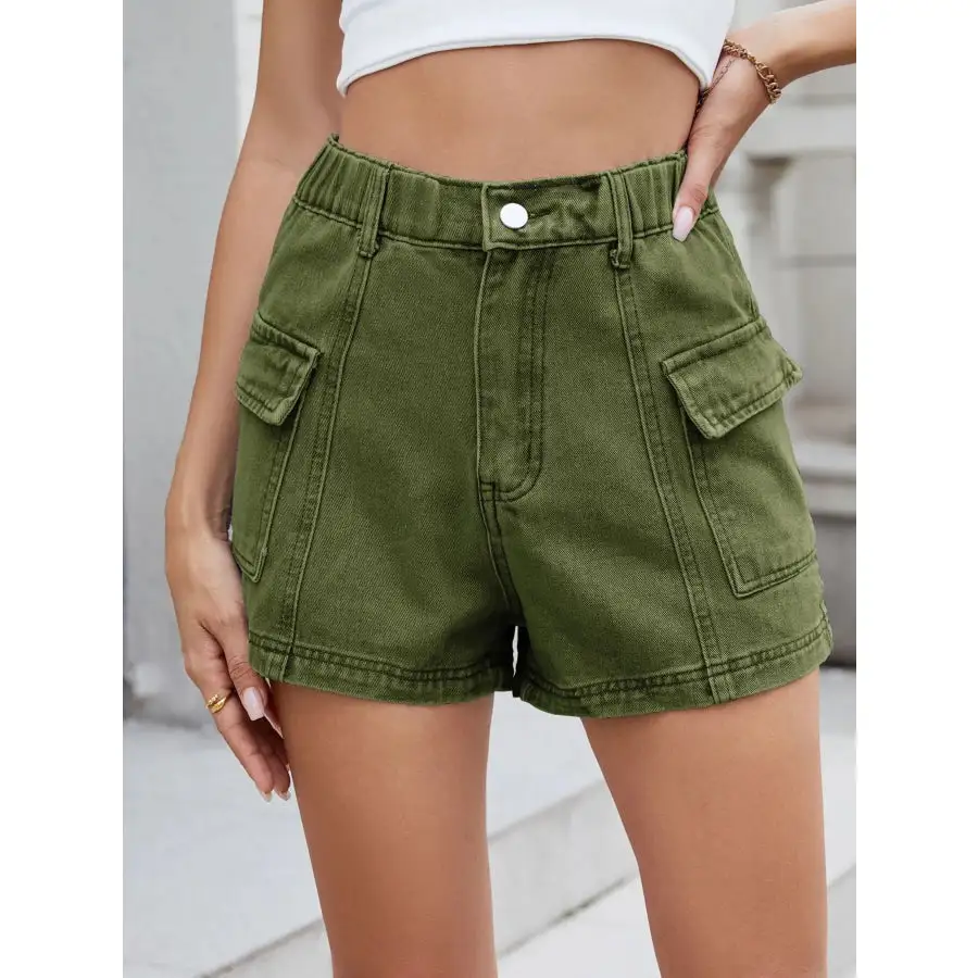 High Waist Cargo Denim Shorts
