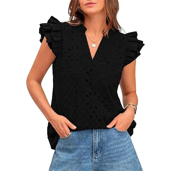 Women Summer Eyelet Tops Dressy Casual V-Neck Ruffle Cap Sleeve Cotton Boho Shirts