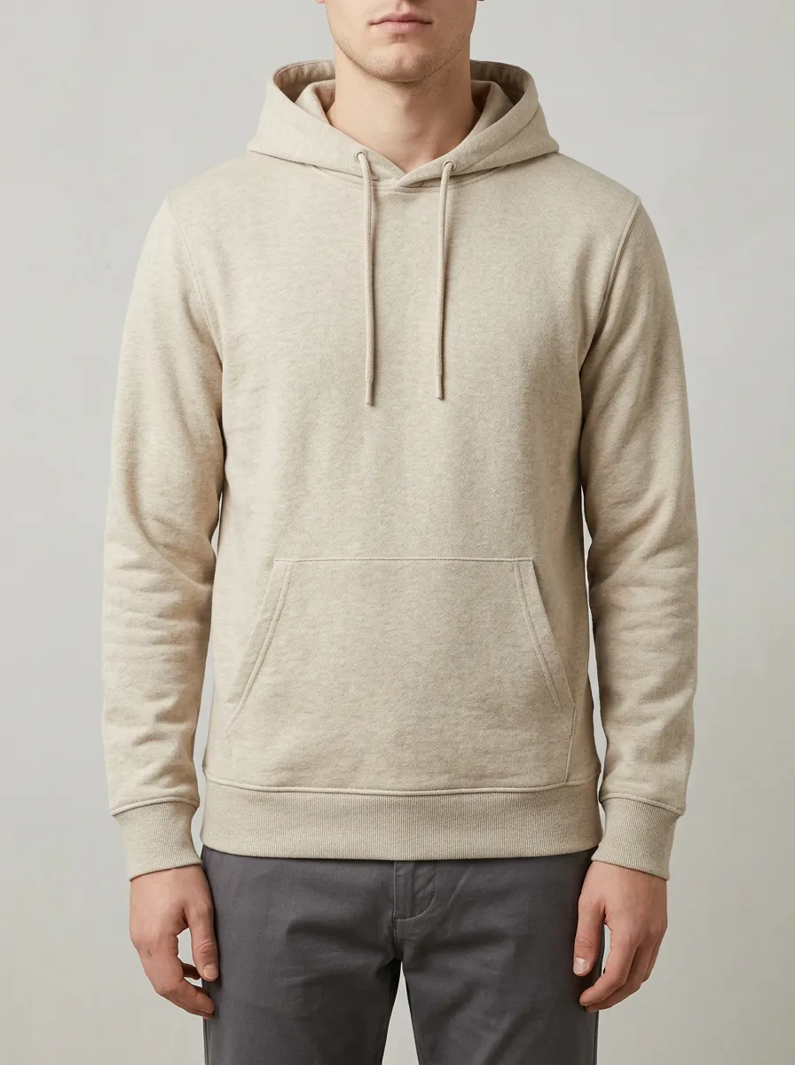 Men's Minimalist Beige Solid Color Plain Pullover Hoodie
