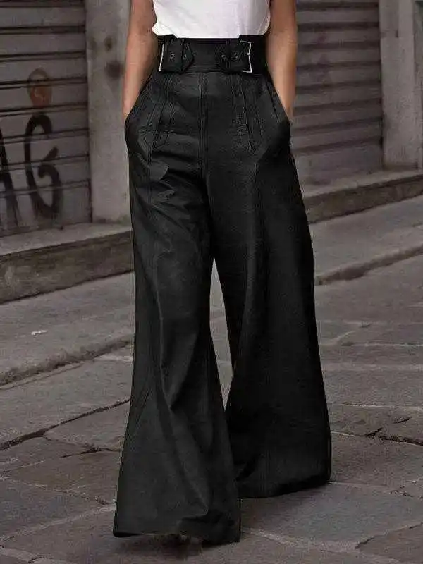 High-waisted Pleated Wide-leg Pants With Pockets