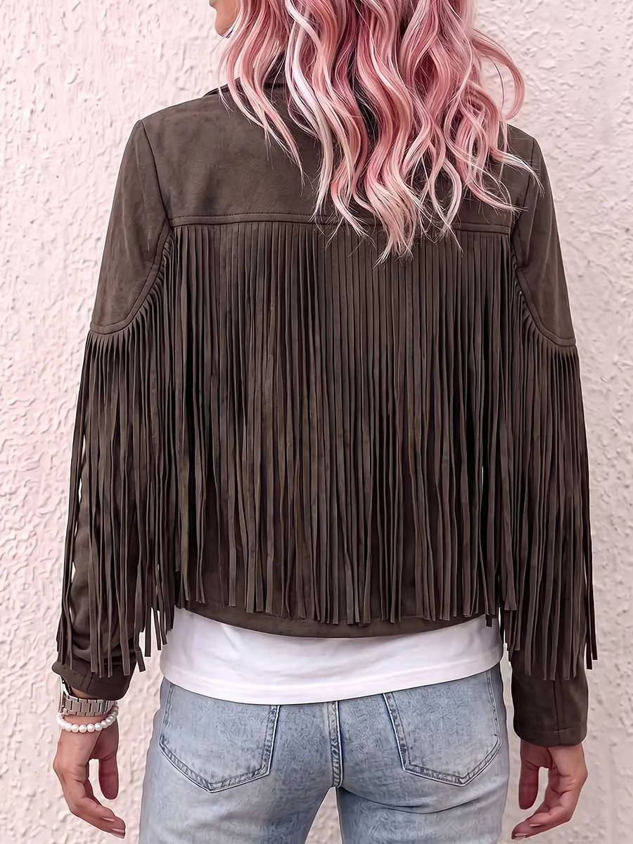 Women S Solid Color Lapel Long-sleeved Casual Loose Tassel Jacket