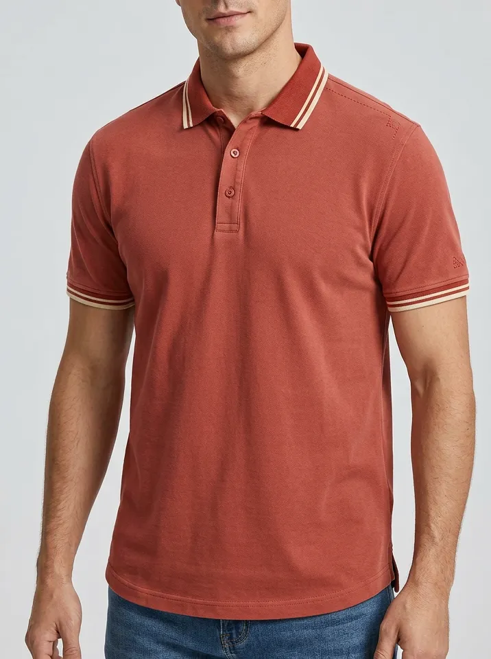 Men's Casual Rust Red Striped Collar Short Sleeve Polo Shirt