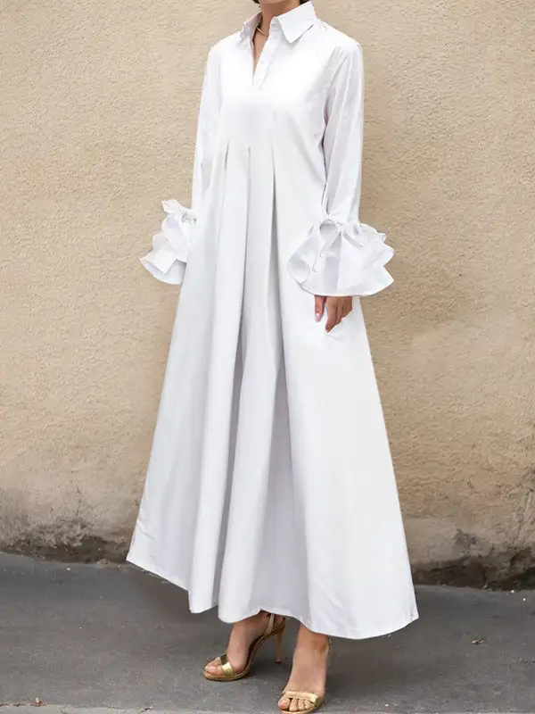 Flared Pleated Shirt Maxi Dress