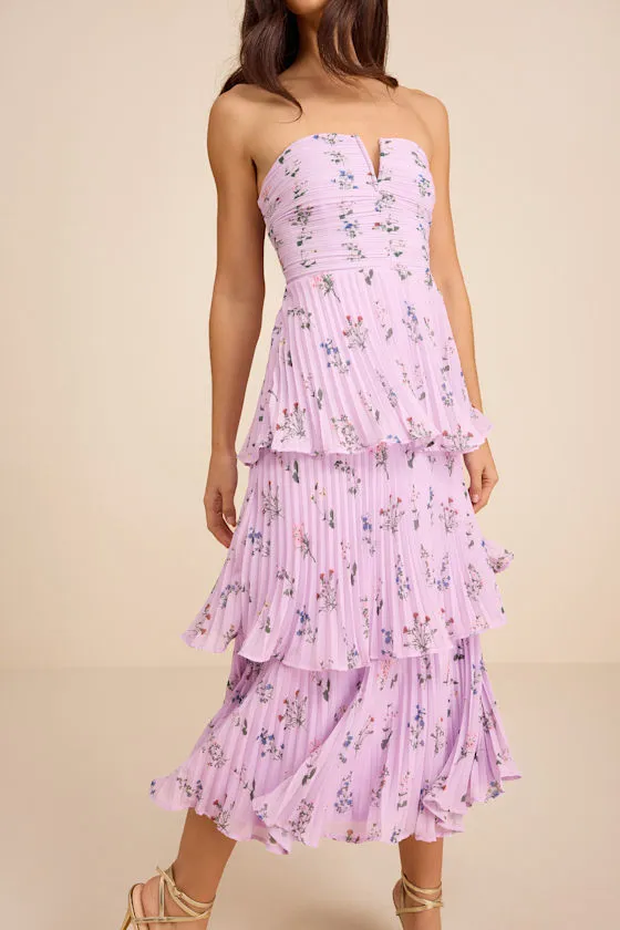 Hadelyn Lavender Floral Pleated Tiered Midi Dress