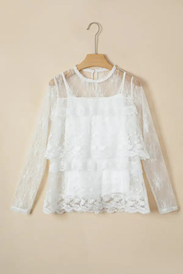 White 2Pcs Sheer Floral Lace Ruffle Tiered Patchwork Blouse