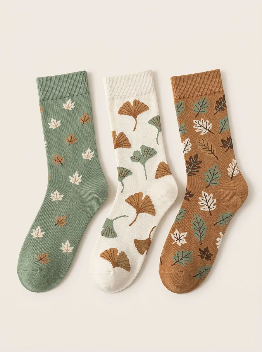 Casual Ginkgo Maple Leaf Leaf Pattern Three Pair Sock Set