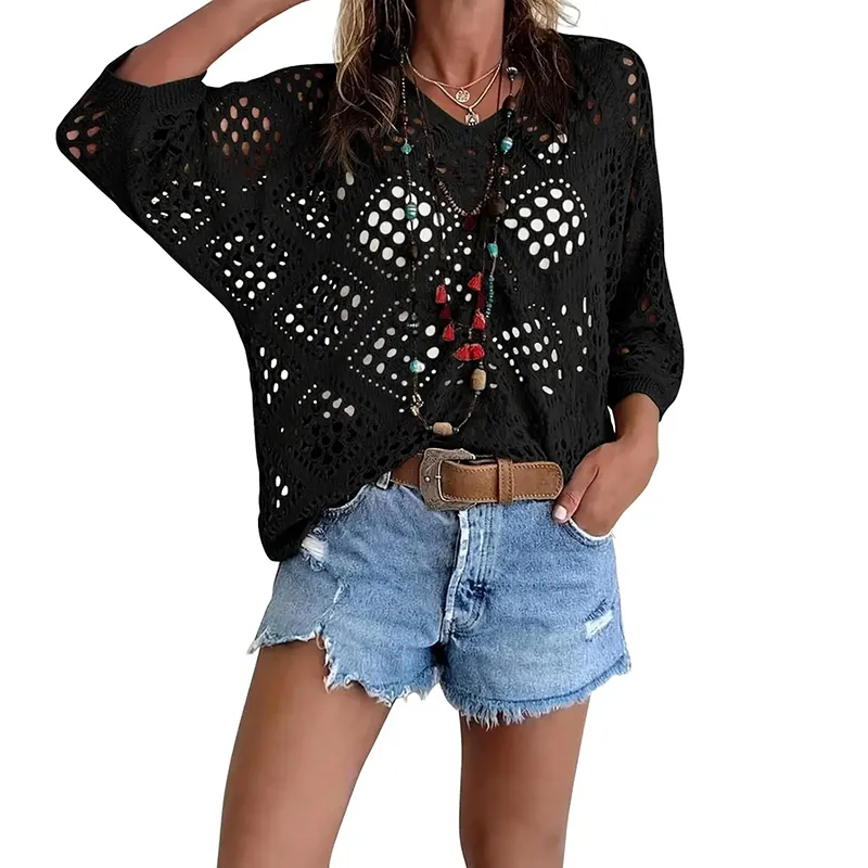 Women's Bohemian-Inspired Beige Crochet Top with V-Neck
