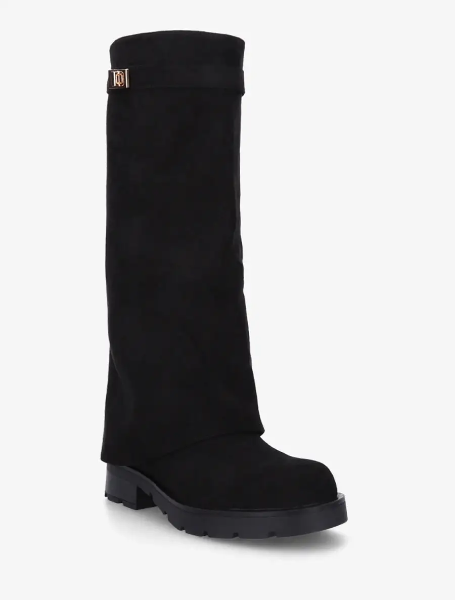Modern Buckle Detail Block Heel Faux Suede Knee High Boots