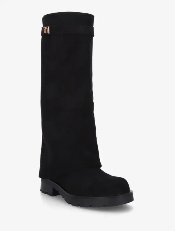 Modern Buckle Detail Block Heel Faux Suede Knee High Boots