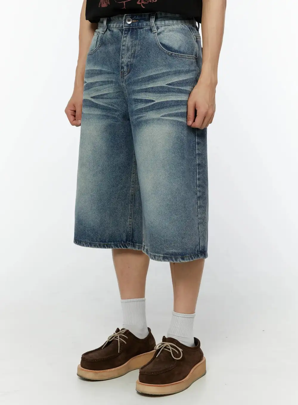 Men's Washed Whiskered Denim Bermuda Shorts