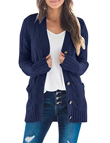 Women's Long Sleeve Cable Knit Sweater Open Front Cardigan Button Loose Outerwear