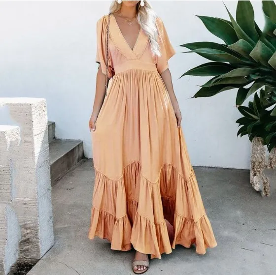 Bohemian Solid Color Long Dress Waist Trimming Fashion Skirt
