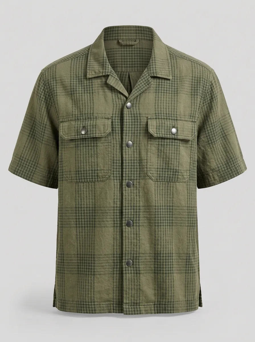 Men's Casual Olive Green Plaid Patterned Breathable Short Sleeve Shirt