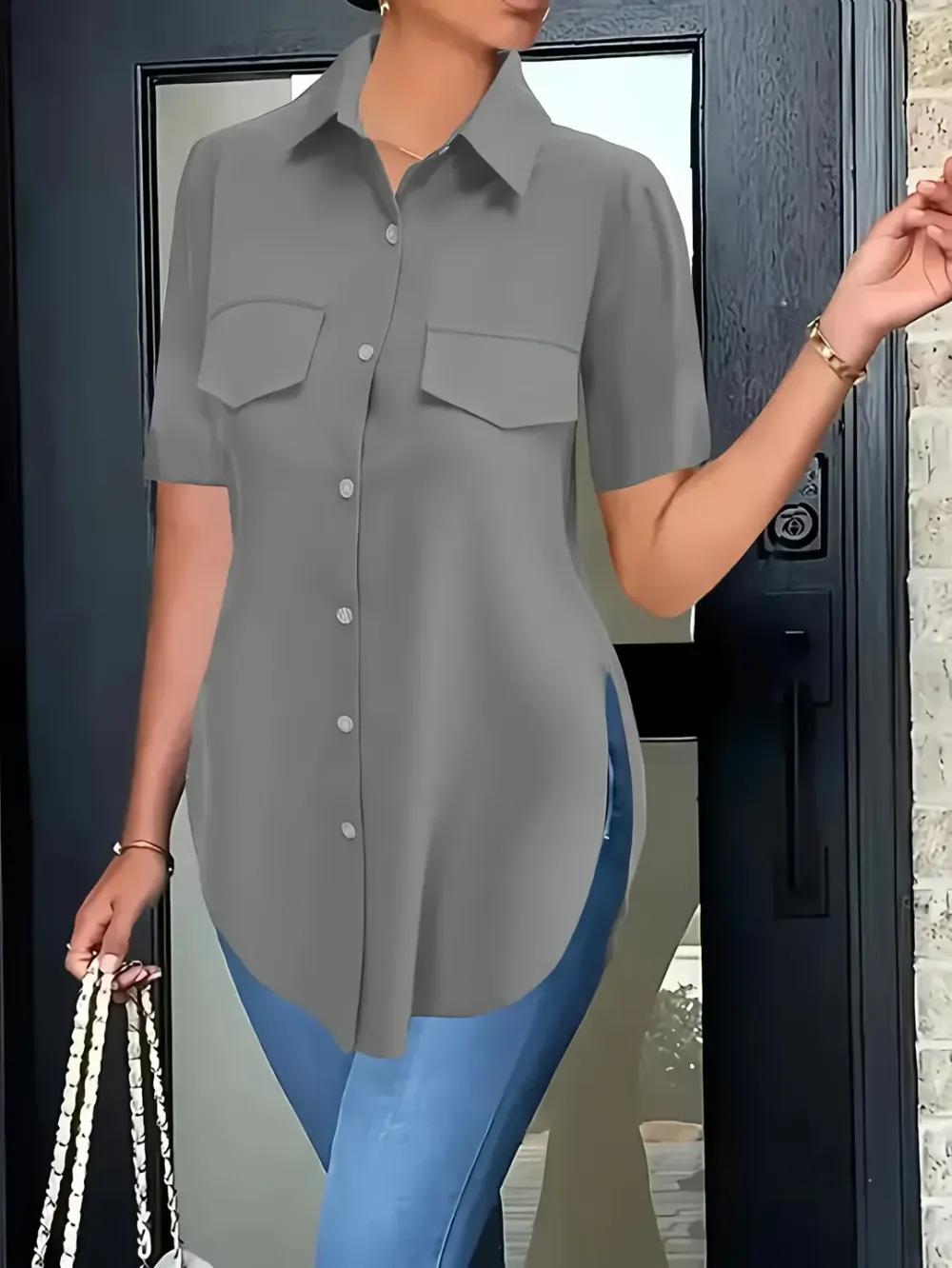 Solid Color Irregular Button Short Sleeve Shirt