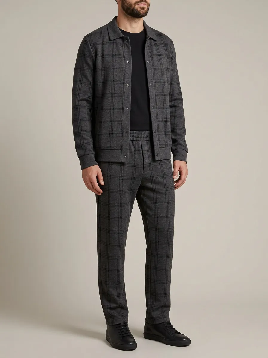 Men's Classic Plaid Polo Collar Jacket and Jogger Pants Set