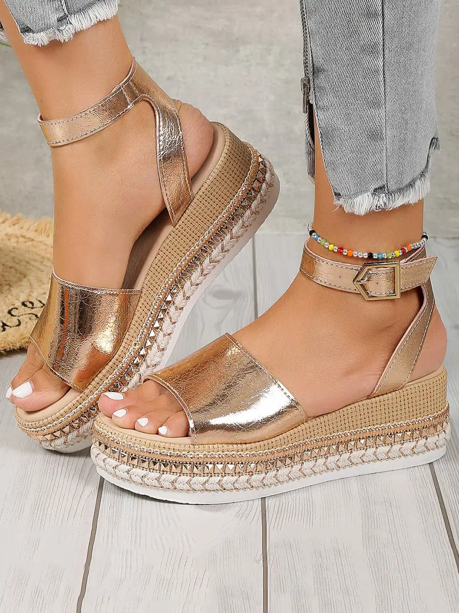 Metallic Open-Toe Ankle Strap Espadrille Platform Wedge Heeled Sandals