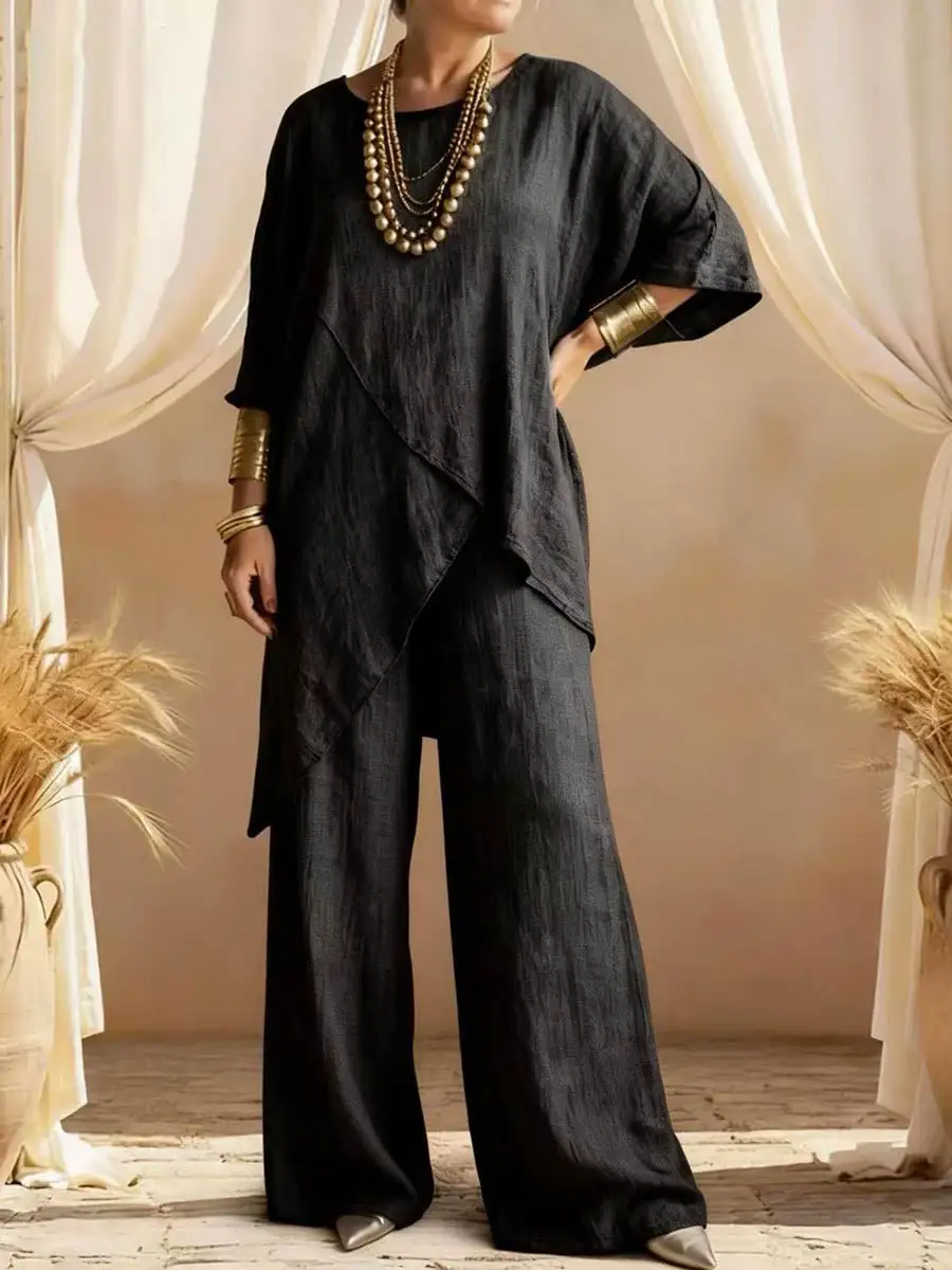 Relaxed Asymmetric Blouse And Pants Set