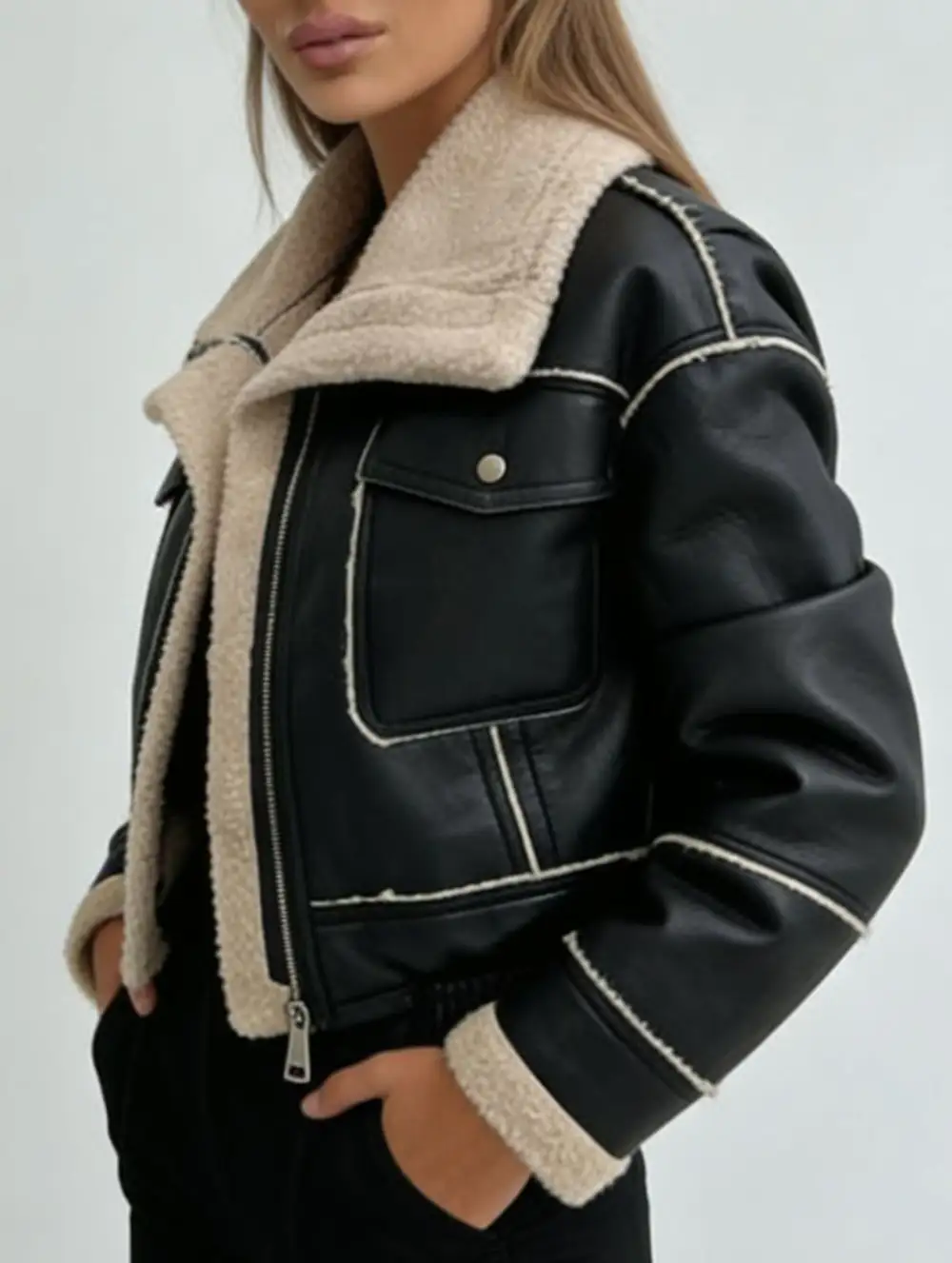 Short Zip Front Motorcycle Pu Leather Jacket