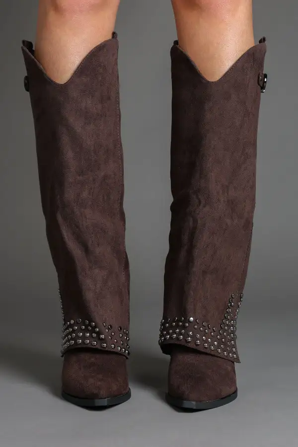 Western Slouch Fold-Over Studded Knee High Boots