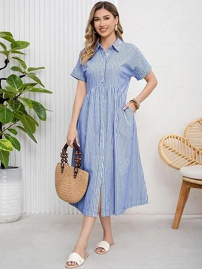 Women‘s Boho Striped Shirt Dress Button Down Loose Midi Dress with Pockets and Side Slit