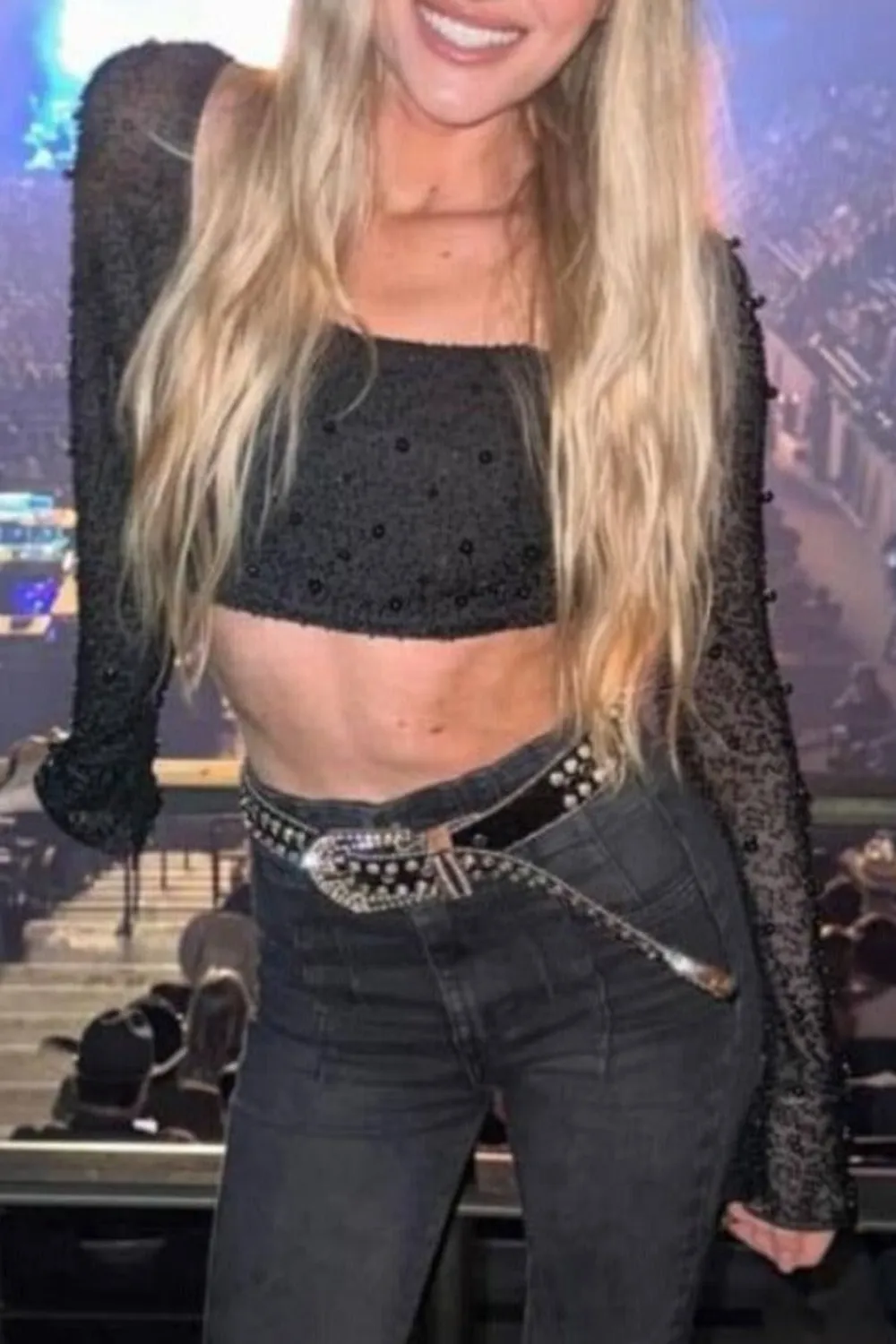 Cristal Black Beaded Long Sleeve Crop Top
