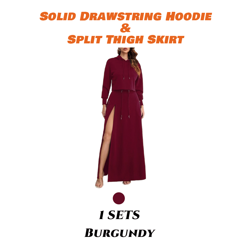 Women'S Solid Drawstring Hoodie & Split Thigh Skirt Set, Long Sleeve Top & Pocket Long Skirt, Casual Fashion Cozy Co-Ord Set, Women Clothes