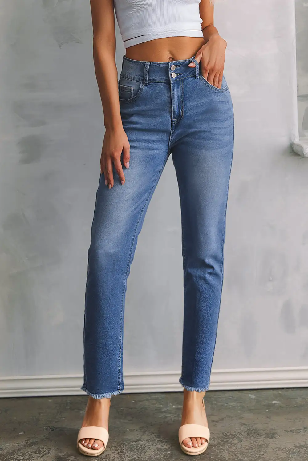 Slim Raw Hem Button Double Fit Jeans