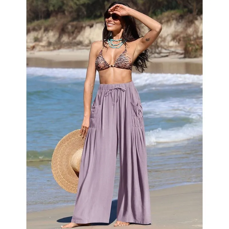 Women Linen Palazzo Pants Loose Fit Boho Wide Leg Summer Lounge Trousers Plus Size Drawstring Waist Casual Beach Travel Vacation Outfits woman wide leg pant