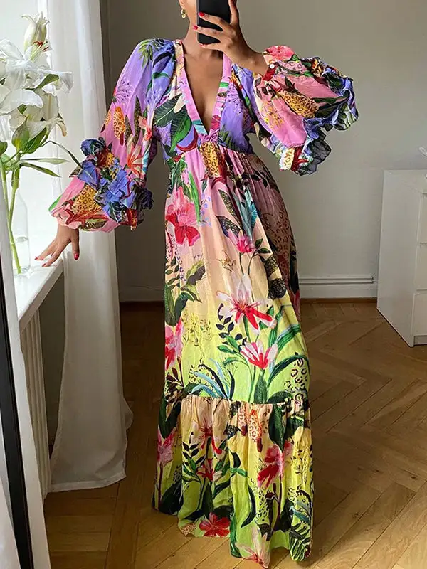 Pleated Ruffled Sleeve Neck Maxi Dress