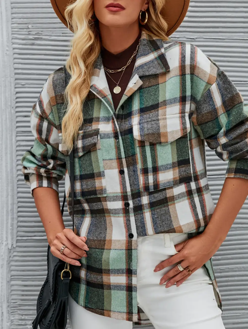 Long Sleeve Cardigan Collared Loose Plaid Wool Shirt