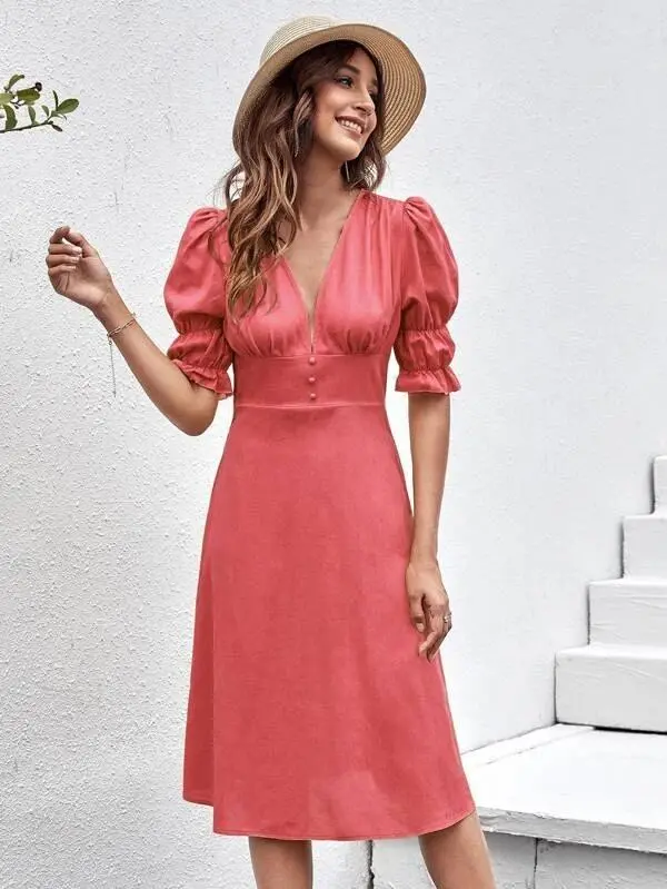 Women Ruffle Cuff Button Front Dress