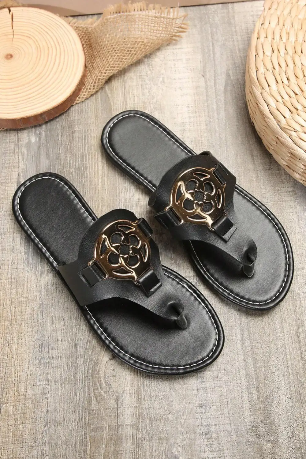 Metal Décor Leather Thong Slide Slippers Everyday