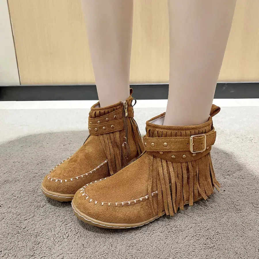 Fringe Round Toe Boots Shoes