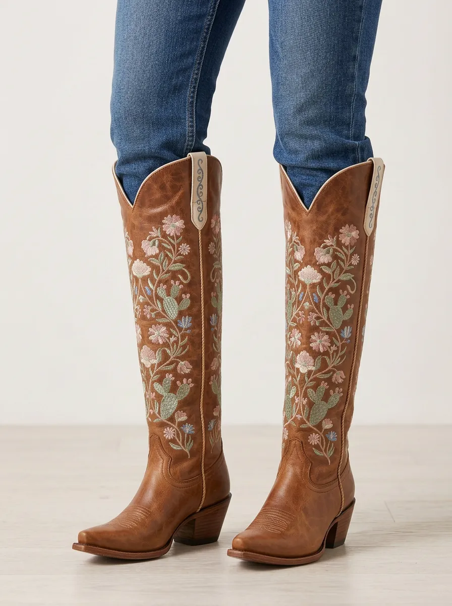 Women's Western Cactus Floral Embroidered Piped Pointed-Toe Denim Over-the-Knee Boots
