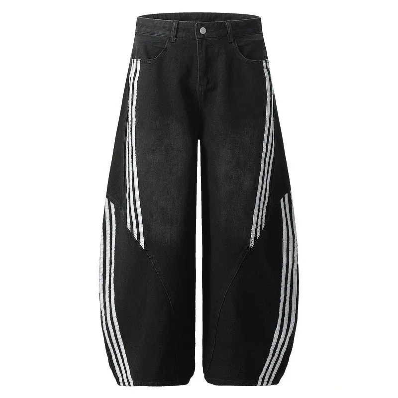 Side Stripe Curved-Leg Denim Pants