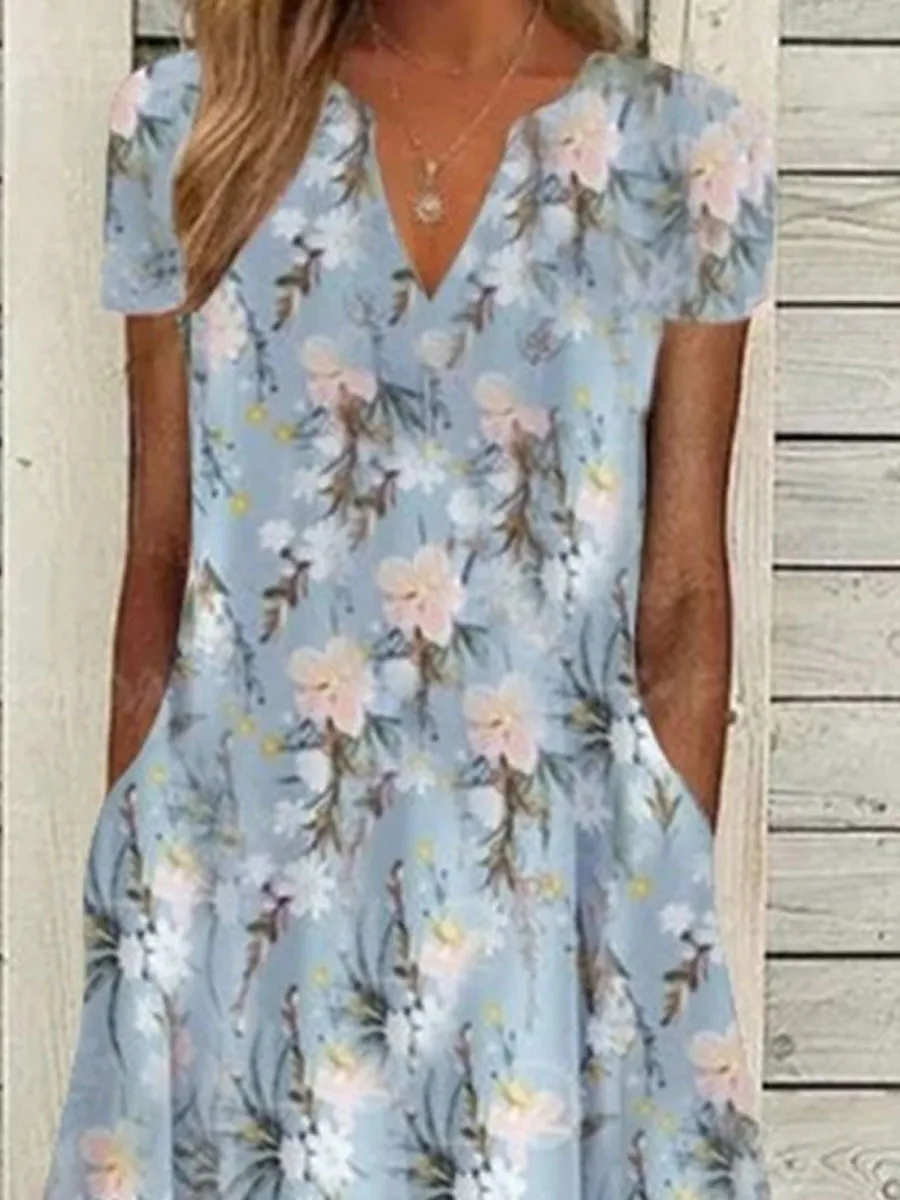 V-neck Casual Floral Print Resort Short Sleeve Midi Dress