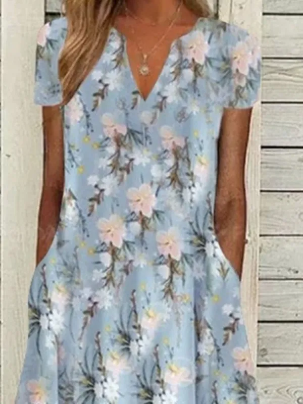 V-neck Casual Floral Print Resort Short Sleeve Midi Dress